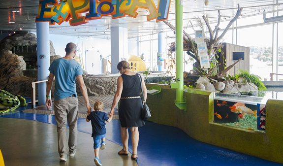 Family walking inside the Barcelona Aquarium